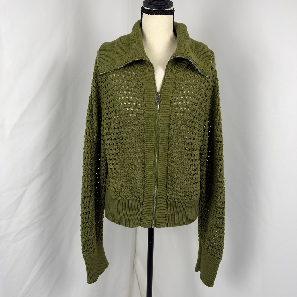 Varley Eloise 100% Cotton Full Zip Knit Women Medium Green Open Knit Sweater